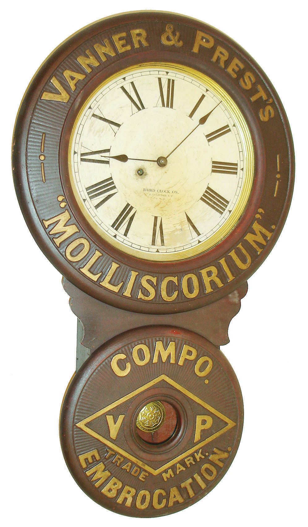 Baird Clock Co., Plattsburgh, NY, "Vanner & Prest's Molliscorium" advertising wall clock, 8 days, time only, spring driven movement in wooden case with paper mache doors and paper dial, c1893 — Antique Clocks Price Guide