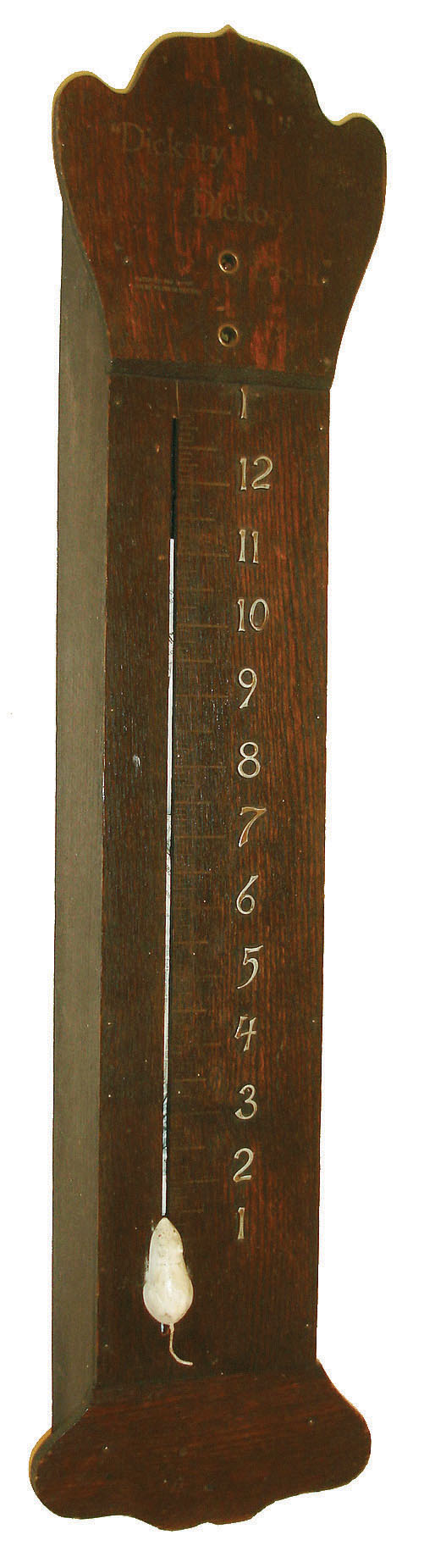 Dungan and Klump, Philadelphia, Penn., "Dickory, Dickory, Dock" Model No. 4 mouse novelty wall clock manufactured by Sessions Clock Co., 8 days, time only, spring driven movement in an oak case with metal numerals and white painted mouse indicator, c1912 — Antique Clocks Price Guide