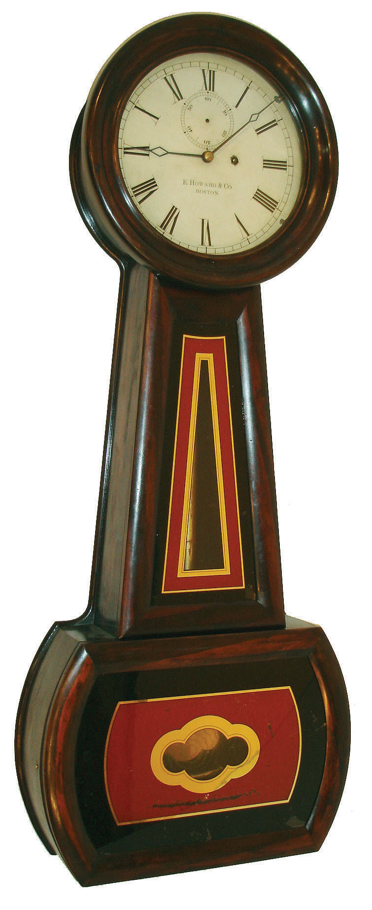 E. Howard & Co., Boston, Mass., "No. 1 Regulator" banjo wall clock, 8 days, time only, weight driven reproduction Howard No. 1 movement by David Lindow in a rosewood grained case with painted metal dial and reverse painted tablets, c1880 — Antique Clocks Price Guide
