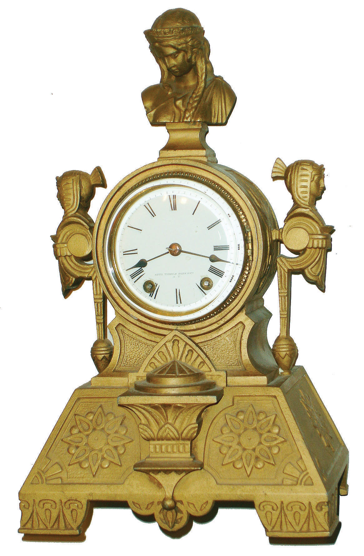 Seth Thomas Sons & Co., New York, "No. 8030" French bronze cast metal 15 day time and strike mantel clock, c1874 — Antique Clocks Price Guide