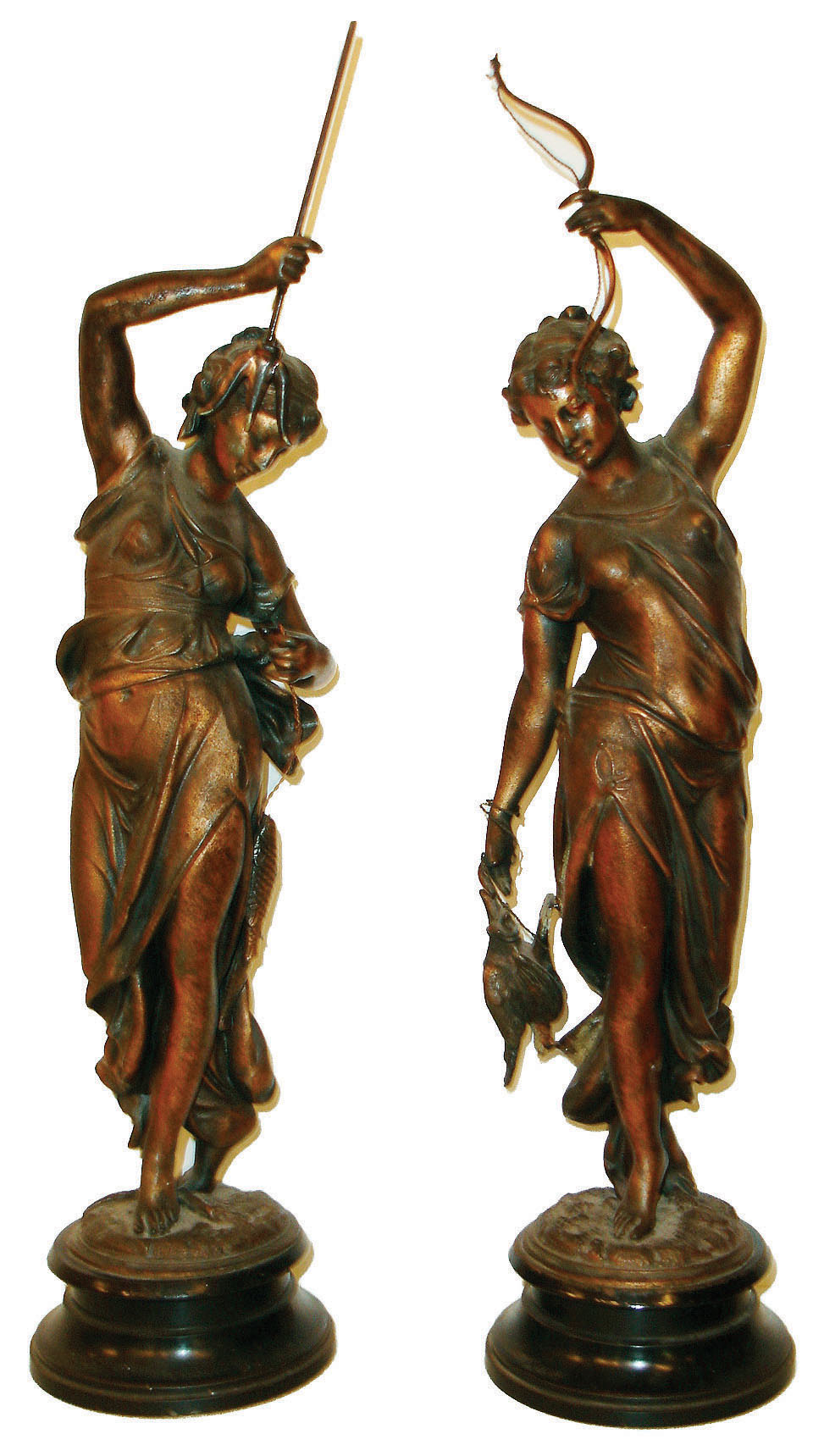 Ansonia Clock Co., New York, NY, "No. 1021 Fisher and Hunter Side Pieces", figural set, c1904 — Antique Clocks Price Guide