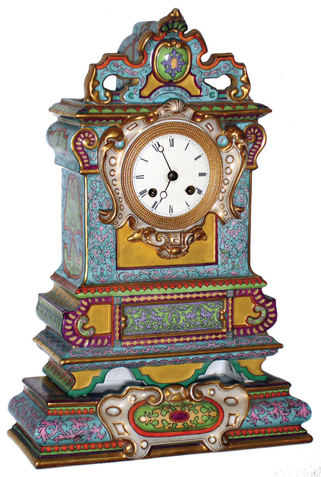 French multicolor porcelain 8 day time and strike mantel clock with separate base, c1870 — Antique Clocks Price Guide