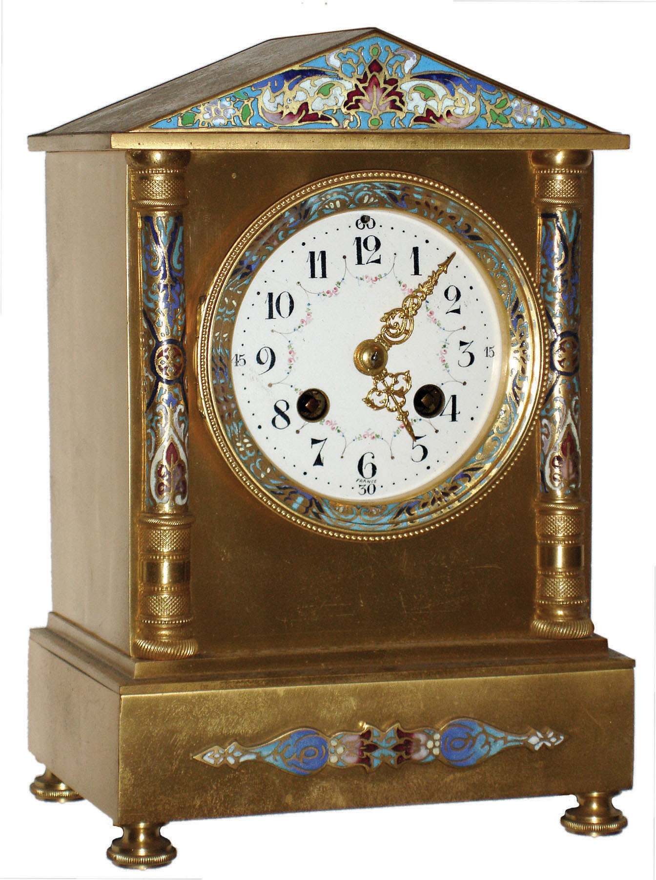 French cast brass and cloisonne 8 day time and strike mantel clock, c1890 — Antique Clocks Price Guide