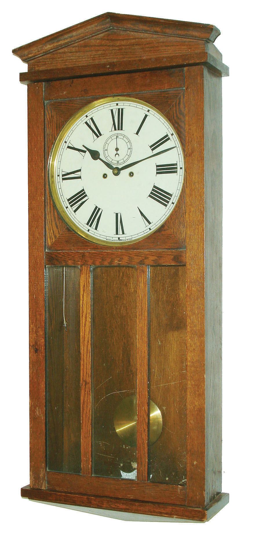Waterbury Clock Co., Waterbury, Conn., "Regulator No. 82" oak 8 day 2 weight time only wall clock, c1914 — Antique Clocks Price Guide