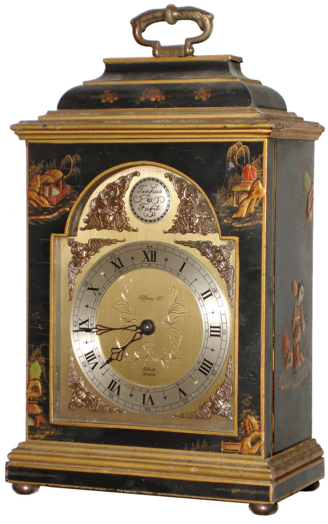 Elliott, London, 8 day Japanned wood miniature bracket timepiece for Tiffany & Co., c1975 — Antique Clocks Price Guide