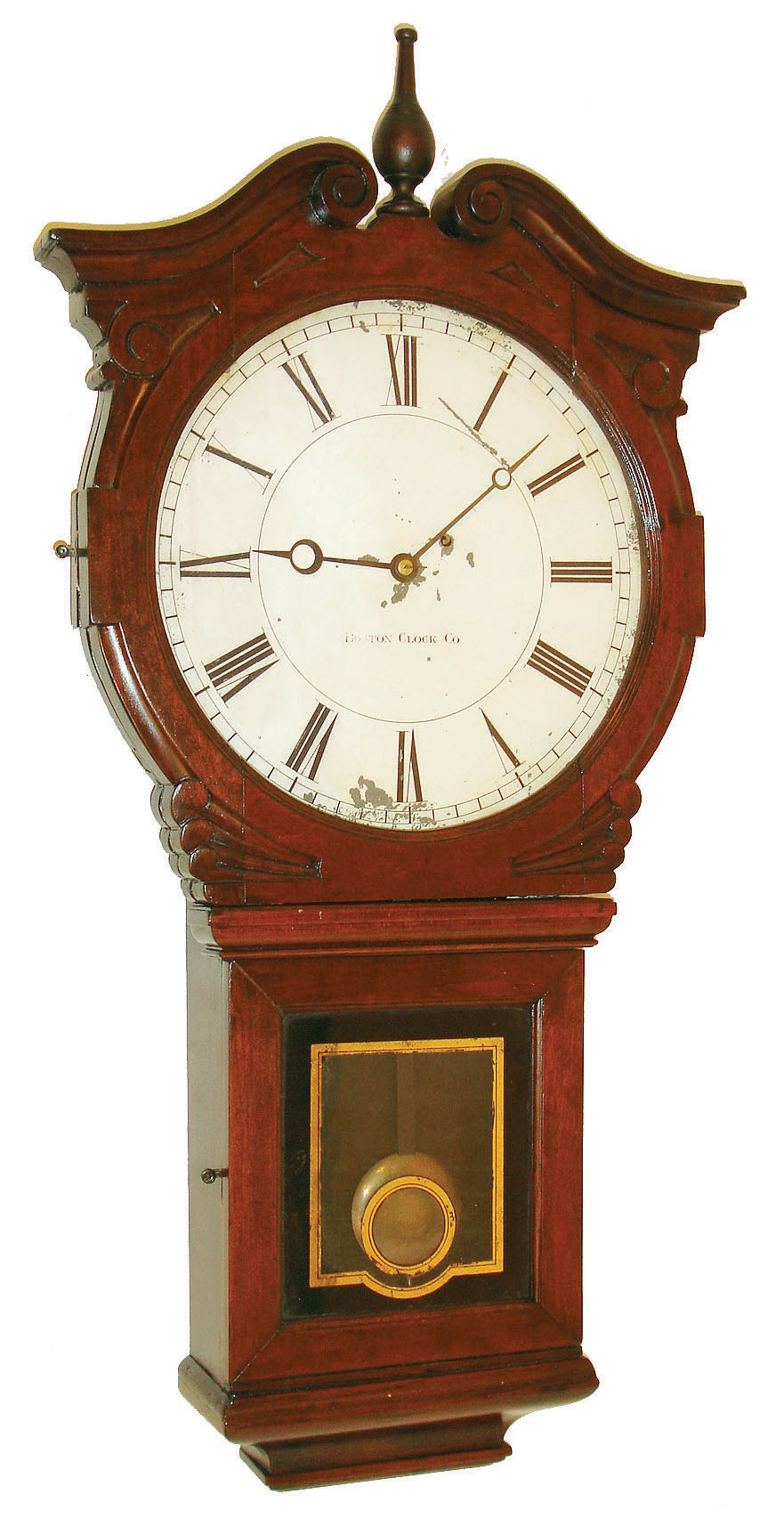 Boston Clock Co., Boston, Mass., wall regulator with long drop, 8 days, time only, weight driven movement in mahogany case with painted metal dial and reverse painted lower tablet, serial #205, c1890 — Antique Clocks Price Guide