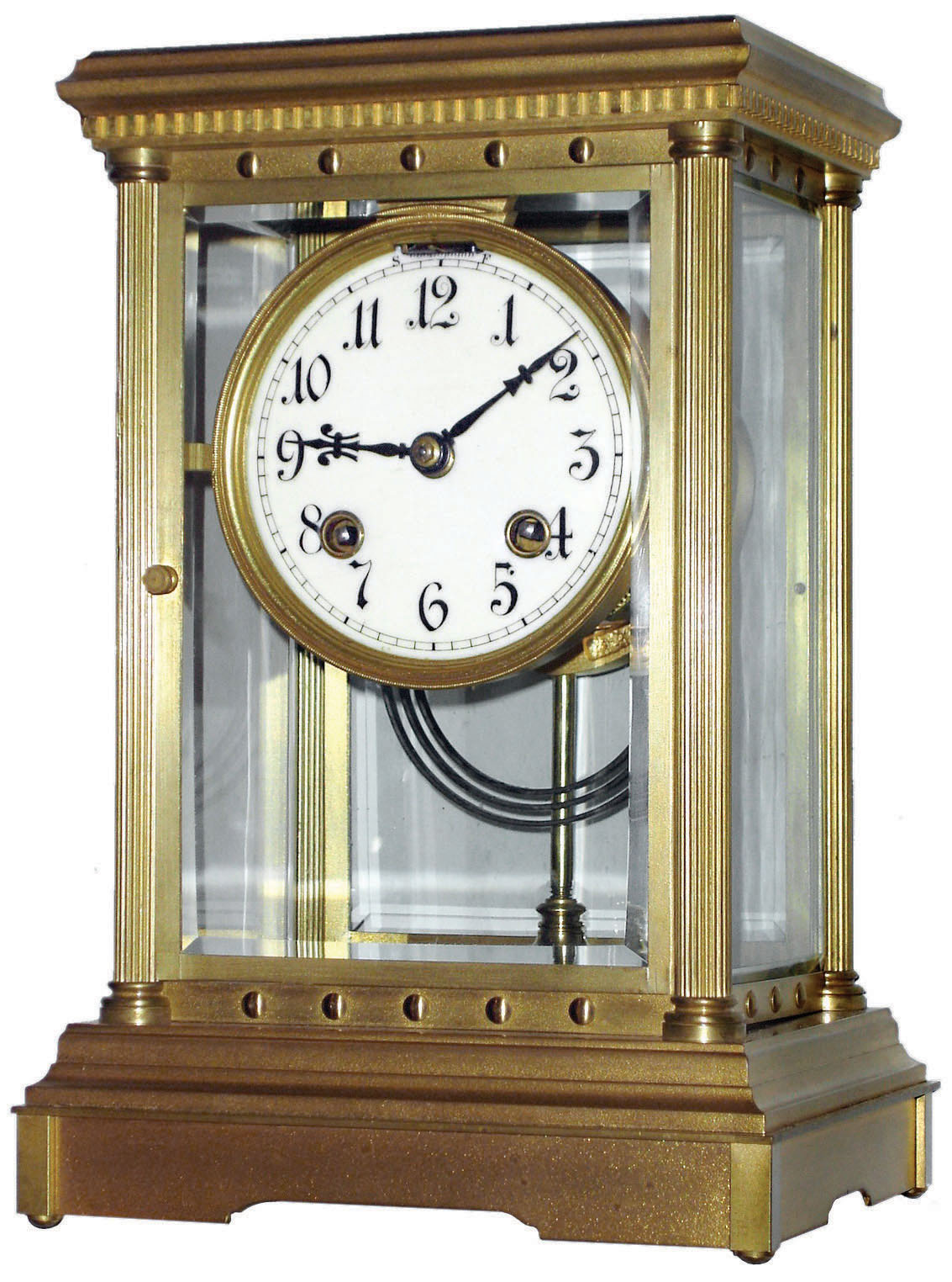 c1895, Ansonia Clock Co., New York, brass and beveled glass 8 day time and strike balance wheel crystal regulator, c1895 — Antique Clocks Price Guide