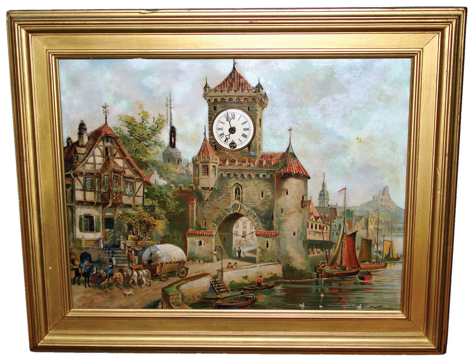 Picture clock for tourist trade, European, gold painted frame and  waterfront village signed scene, Hamburg American time only balance wheel movement, 2-tune music box, with coin slot, early 20th century — Antique Clocks Price Guide
