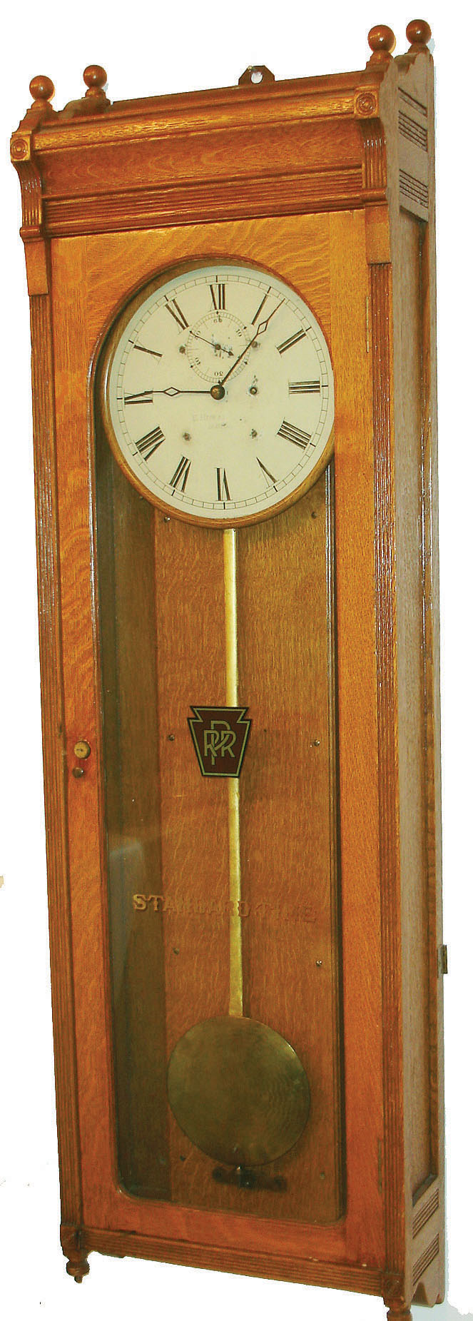 E. Howard & Co., Boston, Mass., "No. 89 Regulator" wall clock, 8 days, time only, weight driven movement in an oak case with painted metal dial and PRR logo and STANDARD TIME on the glass, c1895 — Antique Clocks Price Guide