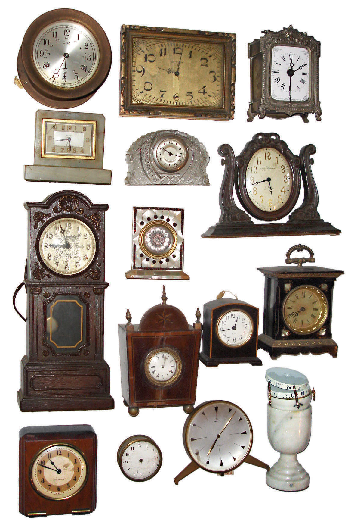 Clocks- 15 (Fifteen) small mechanical wood, metal and marble case, 19th & 20th centuries — Antique Clocks Price Guide