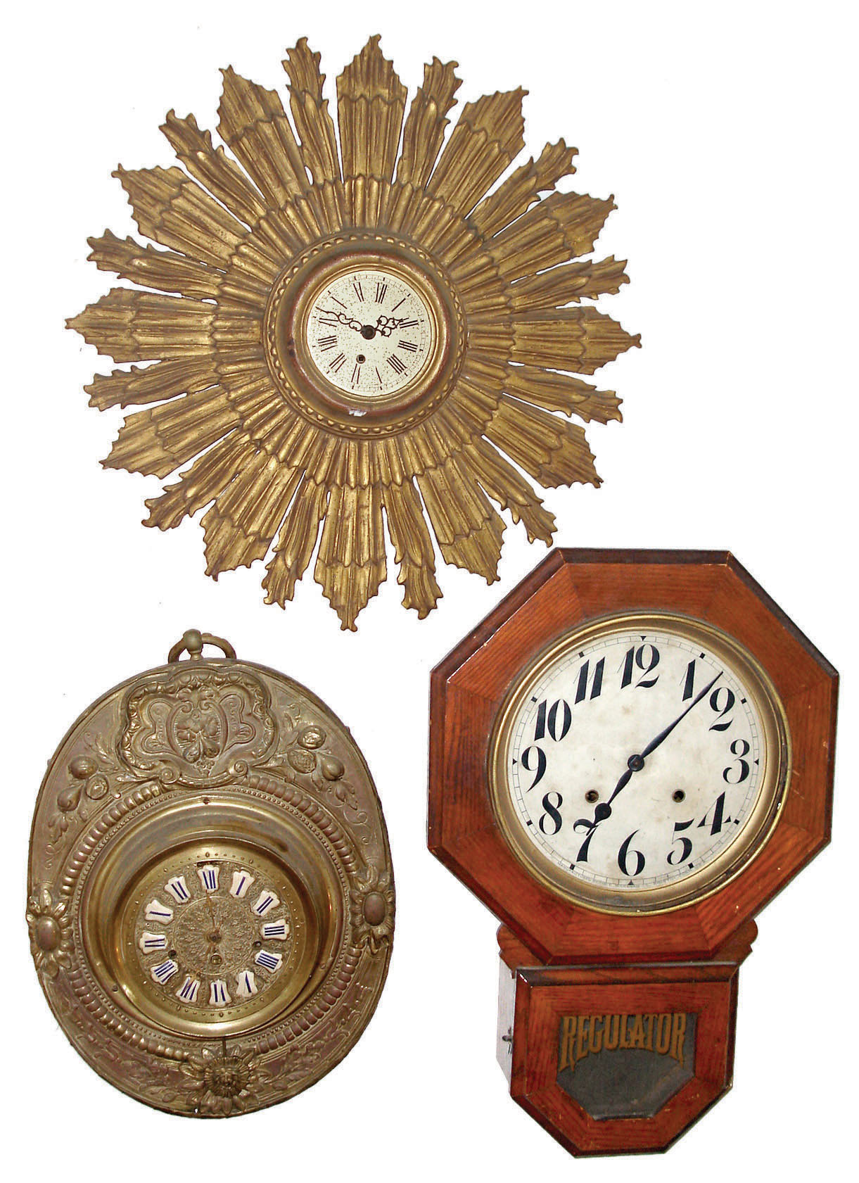 Clocks- 4 (Four) 8 day wall clocks: German R/A time and strike; Ingraham drop octagon time and strike; gilt wood time only; pressed brass over wood 3 train; early 20th century — Antique Clocks Price Guide
