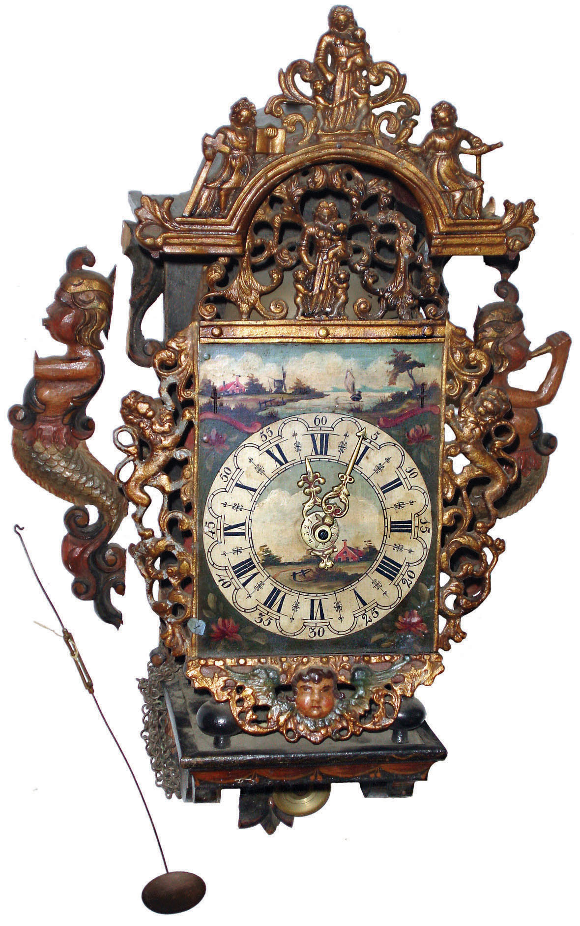 Reproduction Dutch Stoelklok, 30 hour weight driven time and strike cast metal and painted wood, 20th century — Antique Clocks Price Guide