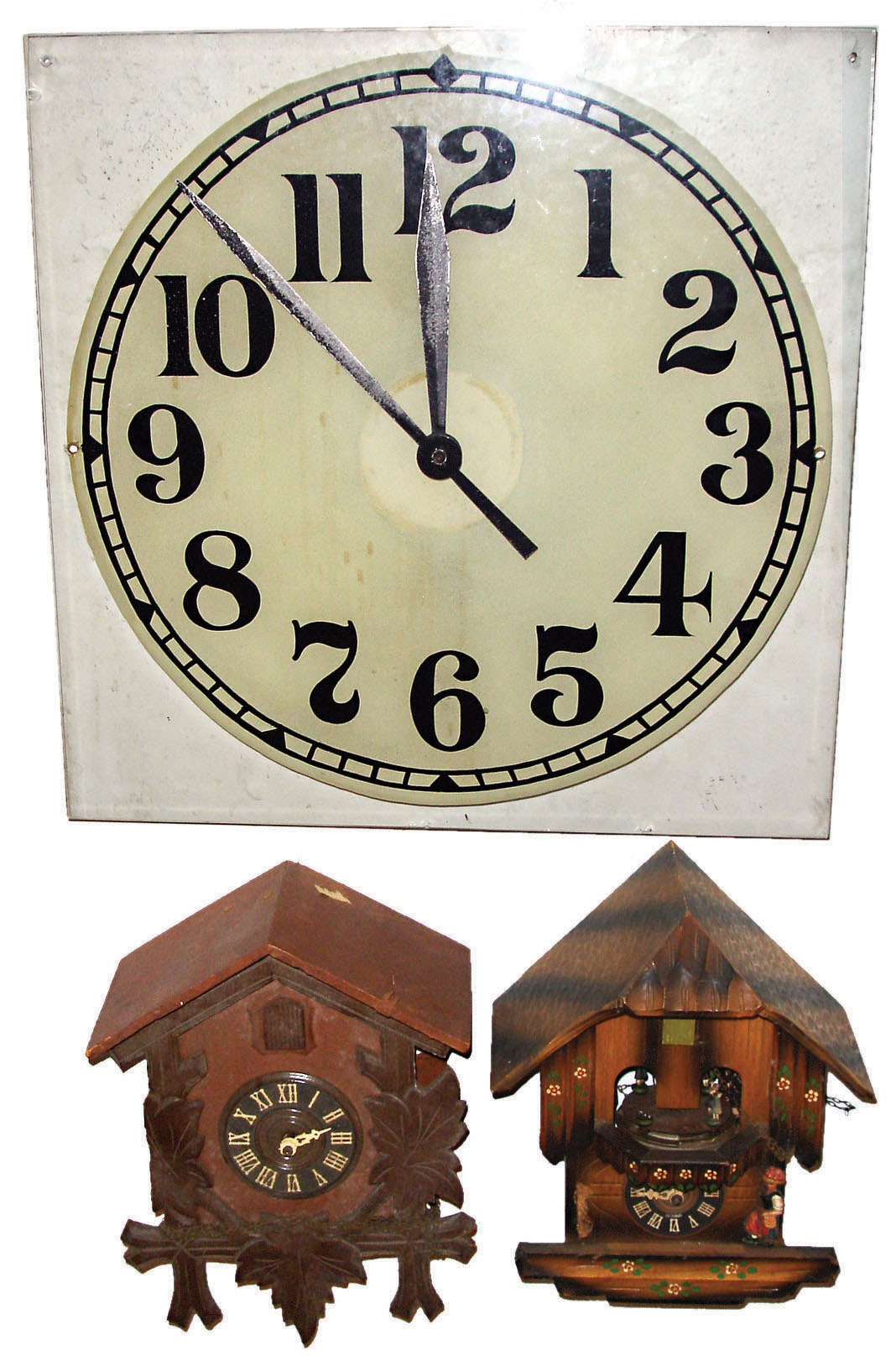 Clocks- 3 (Three) wall clocks:  glass electric; two cuckoos; 20th century — Antique Clocks Price Guide