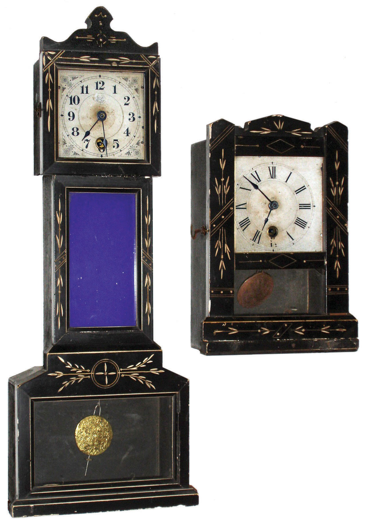 Clocks- 2 (Two) Yale Clock Co., New Haven, CT, black and gold painted wood 30 hour miniature mantel clocks, "Grandfather" and cottage, c1882 — Antique Clocks Price Guide