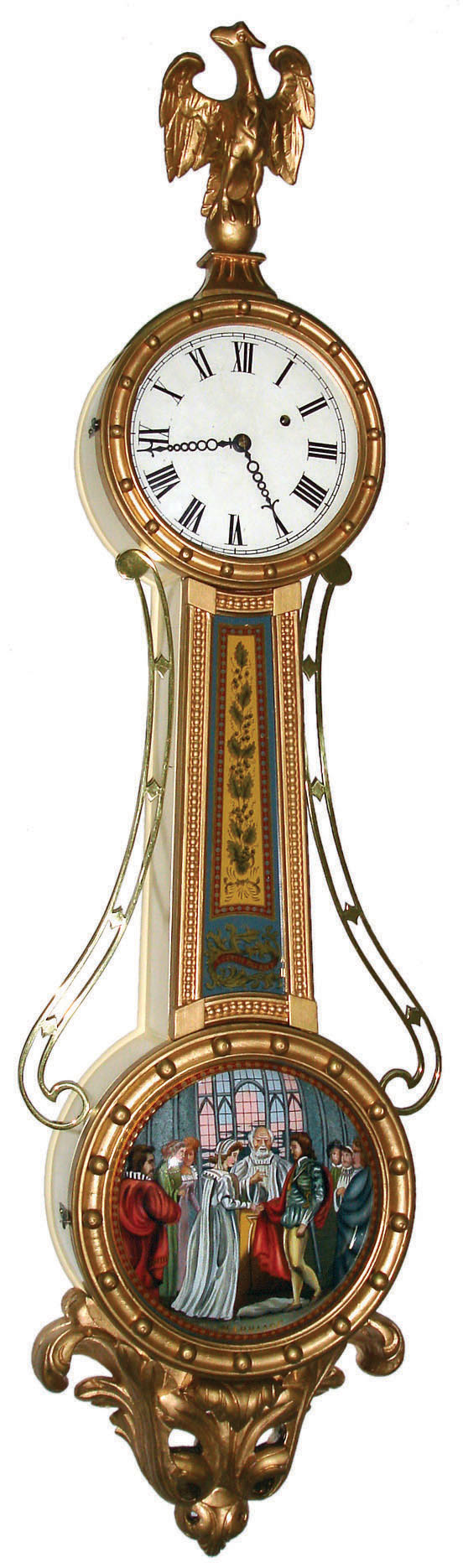 Girandole 8 day time only weight driven reproduction painted wood and glass banjo wall clock, c2000 — Antique Clocks Price Guide