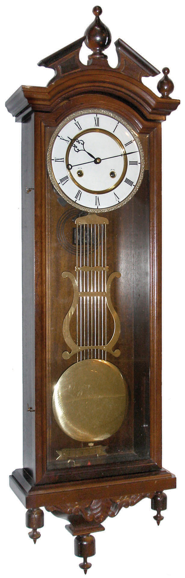 Korean modern reproduction Vienna regulator style stained wood 31-day time and strike wall clock, c1990 — Antique Clocks Price Guide