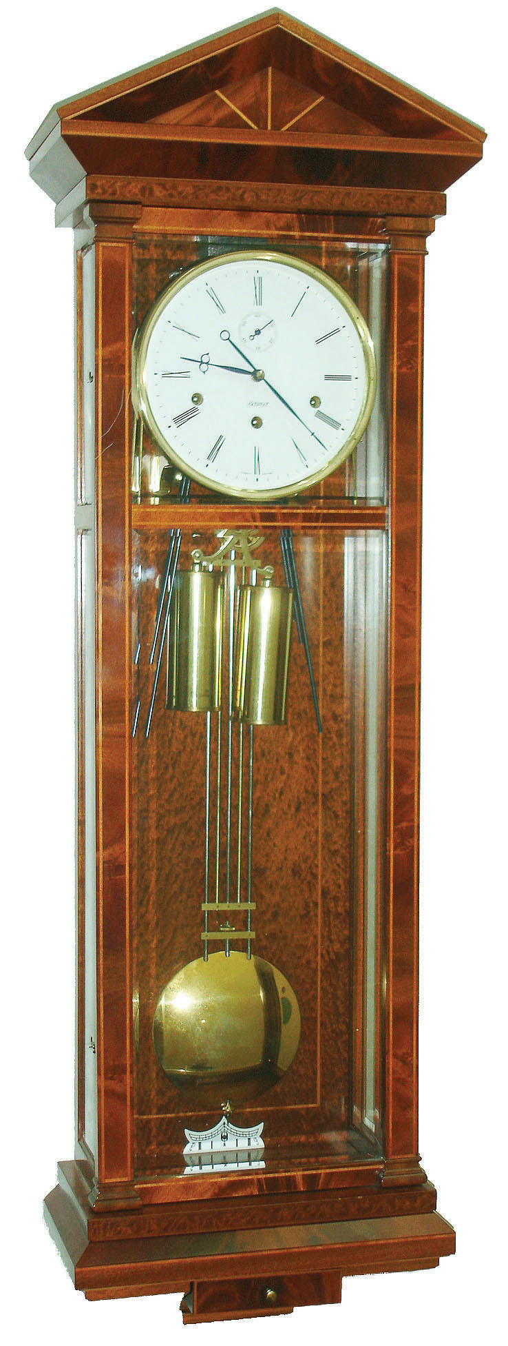 Kieninger, Germany, mahogany 8 day weight driven time and spring wound Westminster chime reproduction Dachlur 6 glass wall clock, c2000 — Antique Clocks Price Guide