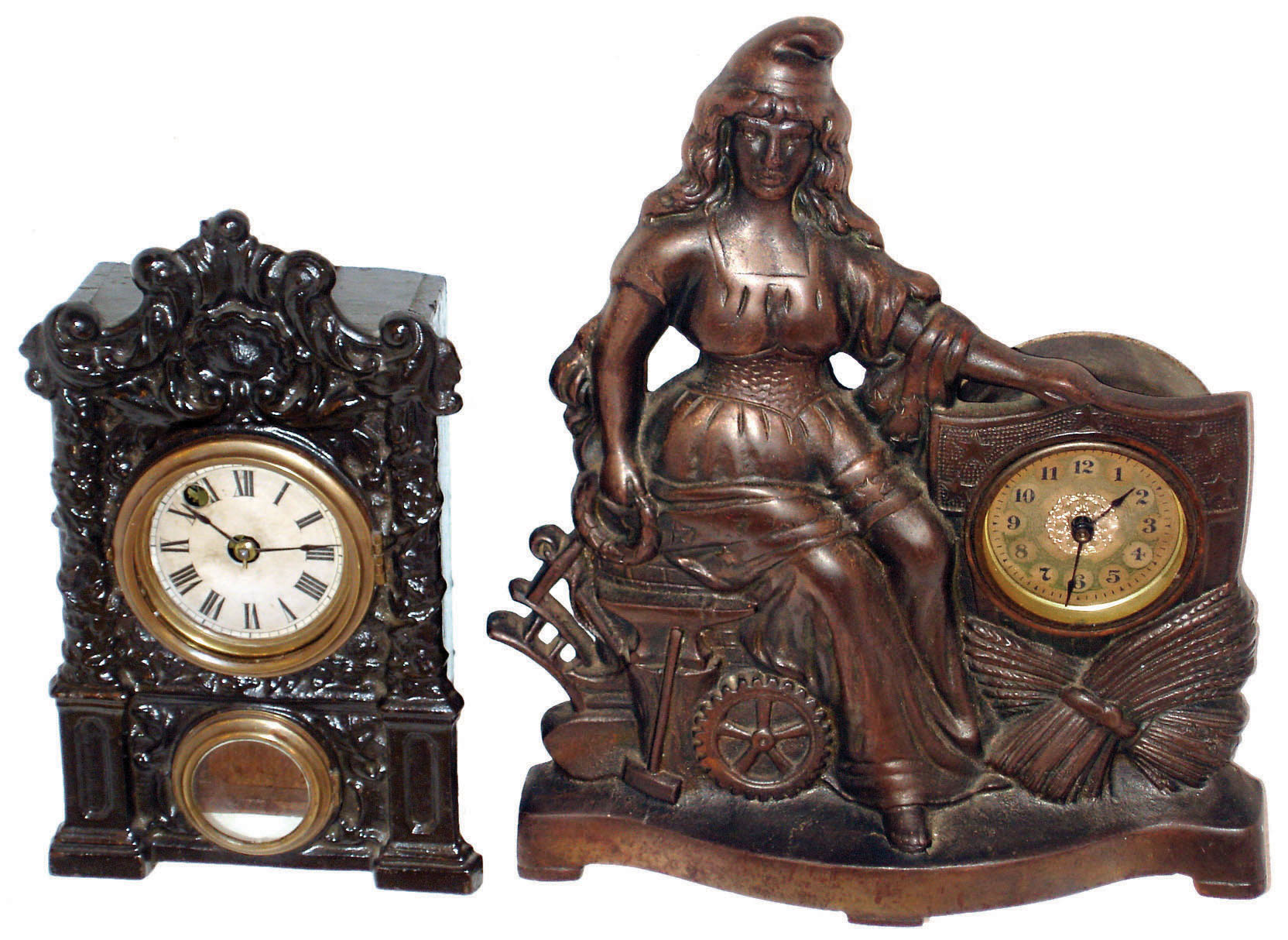 Clocks- 2 (Two) cast metal 30-hour time only small unsigned mantel clocks: seated patriotic woman with bronze finish; black-painted iron and wood; later 19th century — Antique Clocks Price Guide