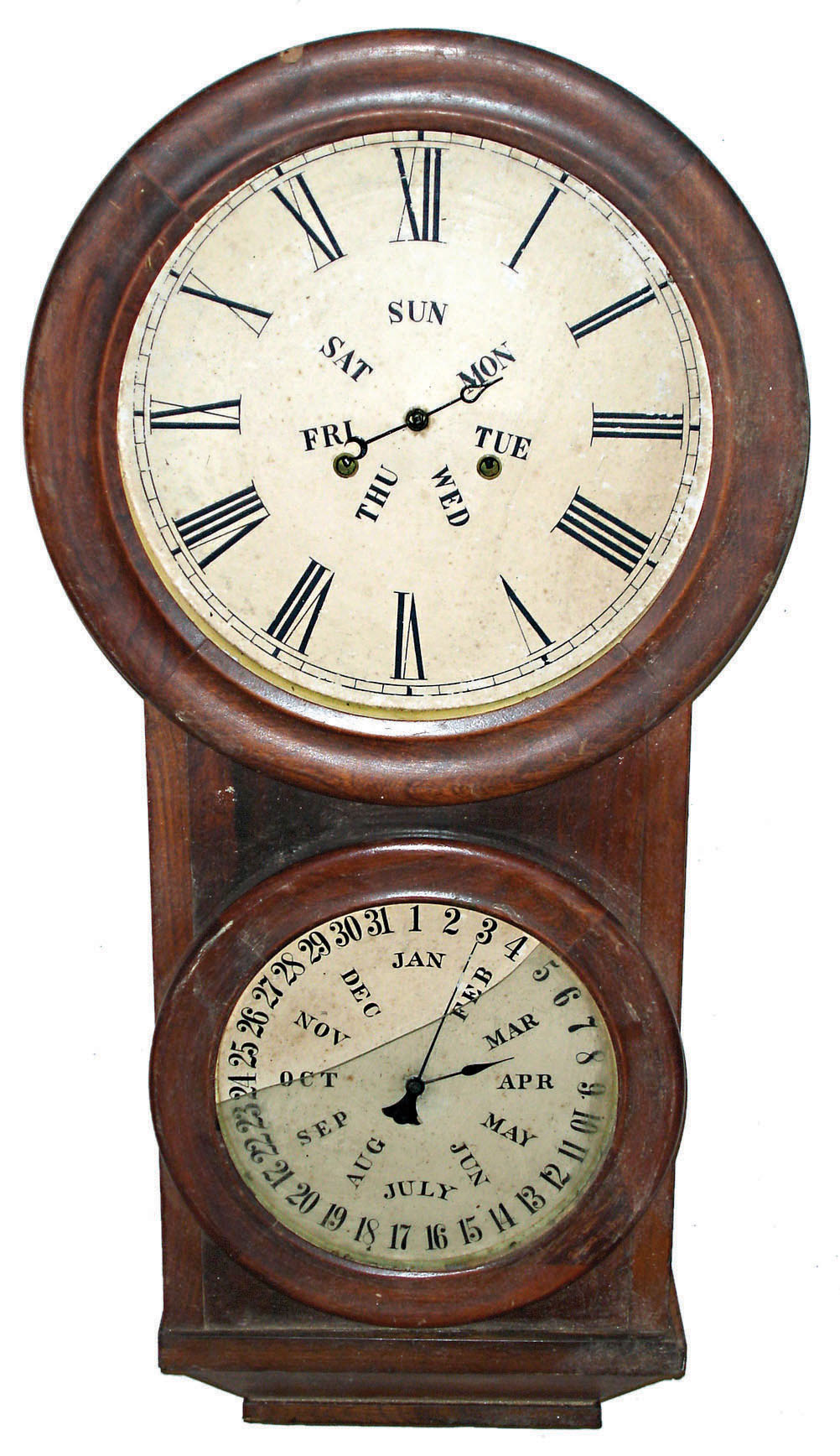 Clocks- 3 (Three) wood 8 day hanging wall clocks: Anglo-American time and strike; Seth Thomas double-dial time and strike calendar; Welch B.B.Lewis double-dial weight-driven calendar; late 19th century. — Antique Clocks Price Guide