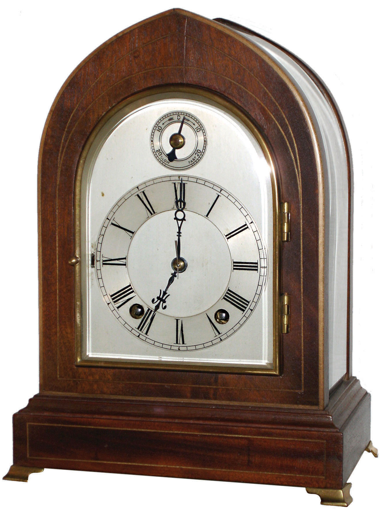 Winterhalder & Hofmeier, Germany, arch top inlaid walnut and beveled glass 8 day 2 train Westminster chime mantel clock, c1910 — Antique Clocks Price Guide