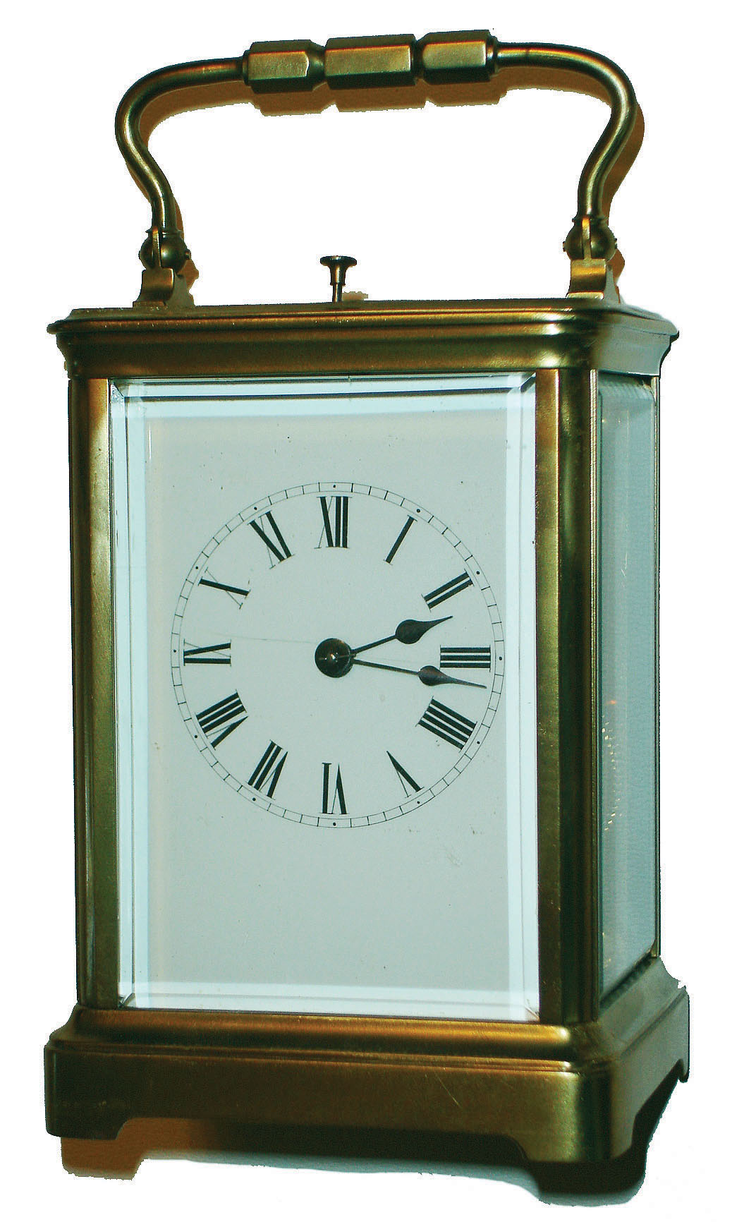 French brass and beveled glass 8 day time, strike and repeat carriage clock, c1900 — Antique Clocks Price Guide