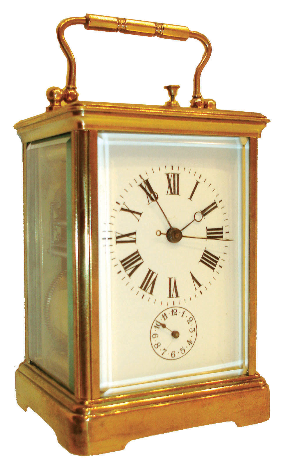 France, large grand sonnerie striking carriage clock with sweep seconds, polished brass Corniche case with beveled glasses, Roman numeral white enamel dial with Arabic alarm chapter, blued steel Breguet style hands, week going brass movement with sweep seconds and silvered lever platform, striking on two gongs, silence, petit sonnerie or grand sonnerie may be selected using the lever at the bottom of the case, c1900 — Antique Clocks Price Guide