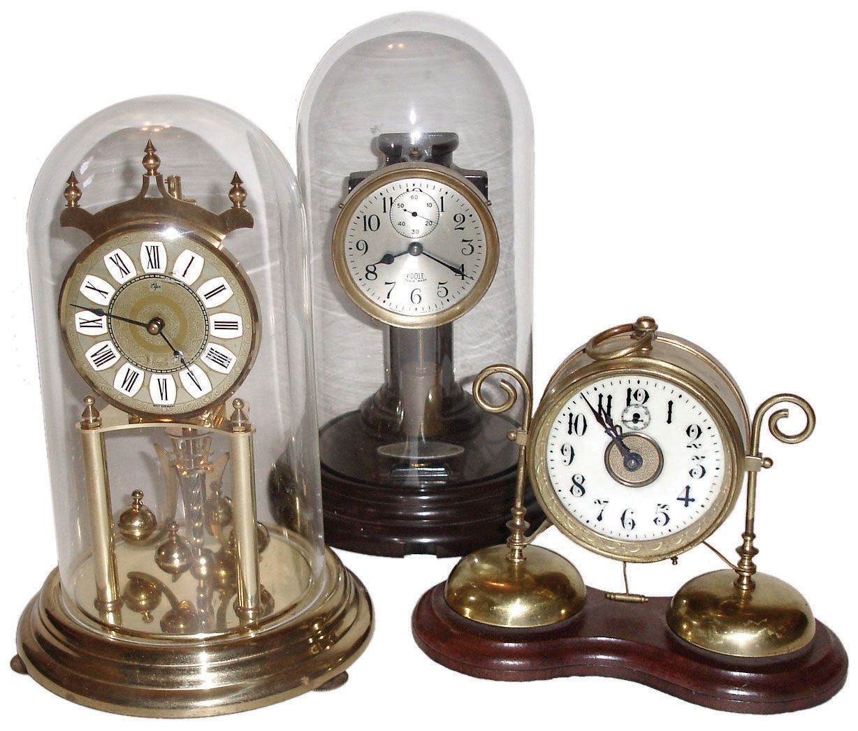 Clocks- 3 (Three) brass, glass and wood mantel clocks: Pool Manufacturing Co., Ithaca, New York; German double-bell alarm clock; Elgin German anniversary 400 day clock; 20th century — Antique Clocks Price Guide