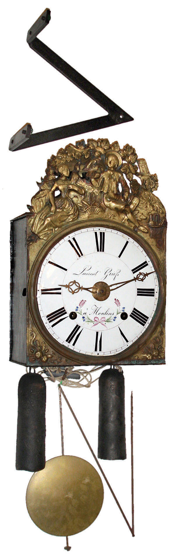 French, Morbier or Comptoise, time and repeating strike 2-wt wall clock with iron bracket, verge/crownwheel escapement, with alarm, signed Laurent Grief, a Moulins, c1840 — Antique Clocks Price Guide