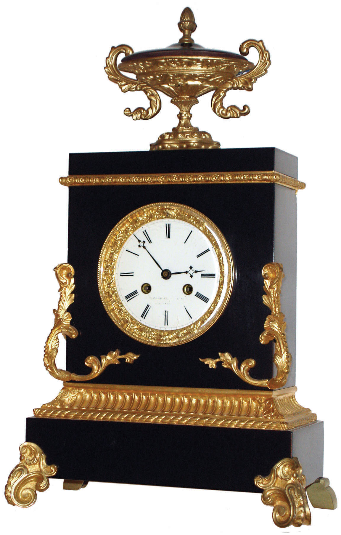 French black marble and ormolu 8 day time and strike thread suspension mantel clock; Raingo Freres, Paris, movement, c1840 — Antique Clocks Price Guide