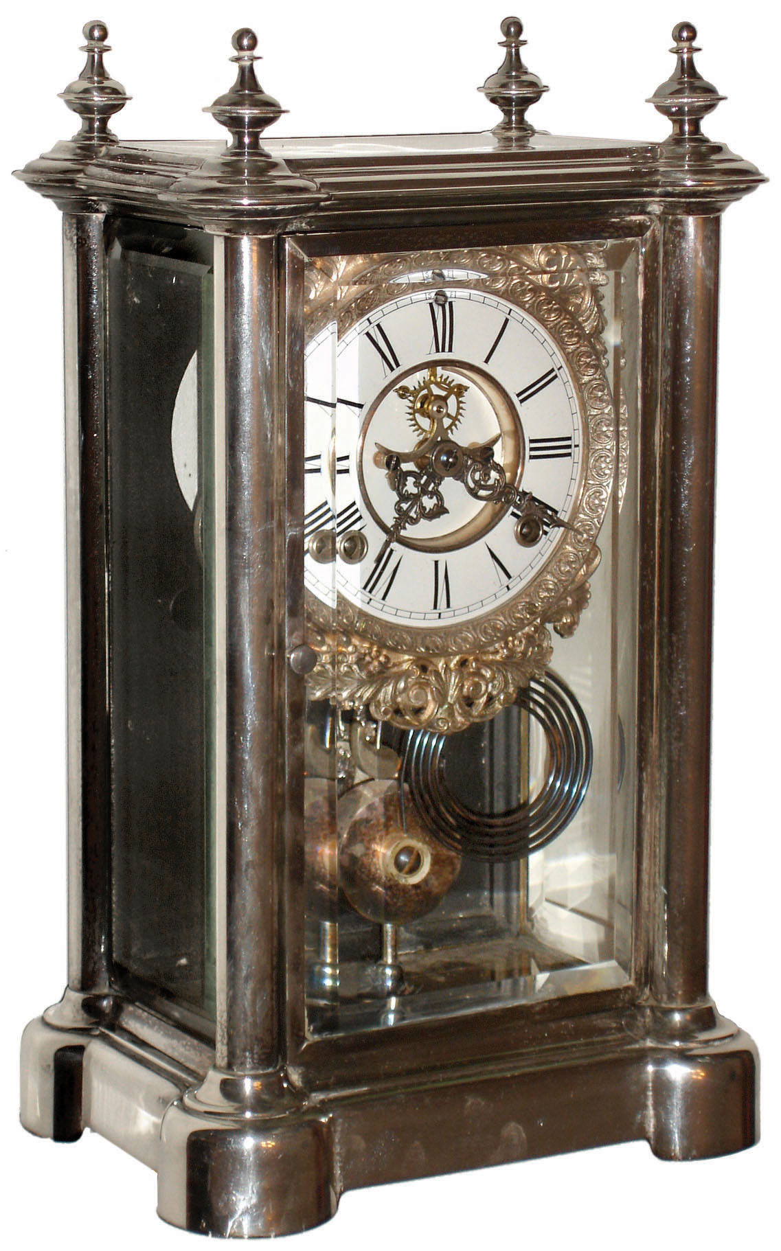 Ansonia Clock Co., New York, "Symbol Extra" silver plated stamped brass and beveled glass 8 day time and strike mantel clock, visible escapement, c1894 — Antique Clocks Price Guide
