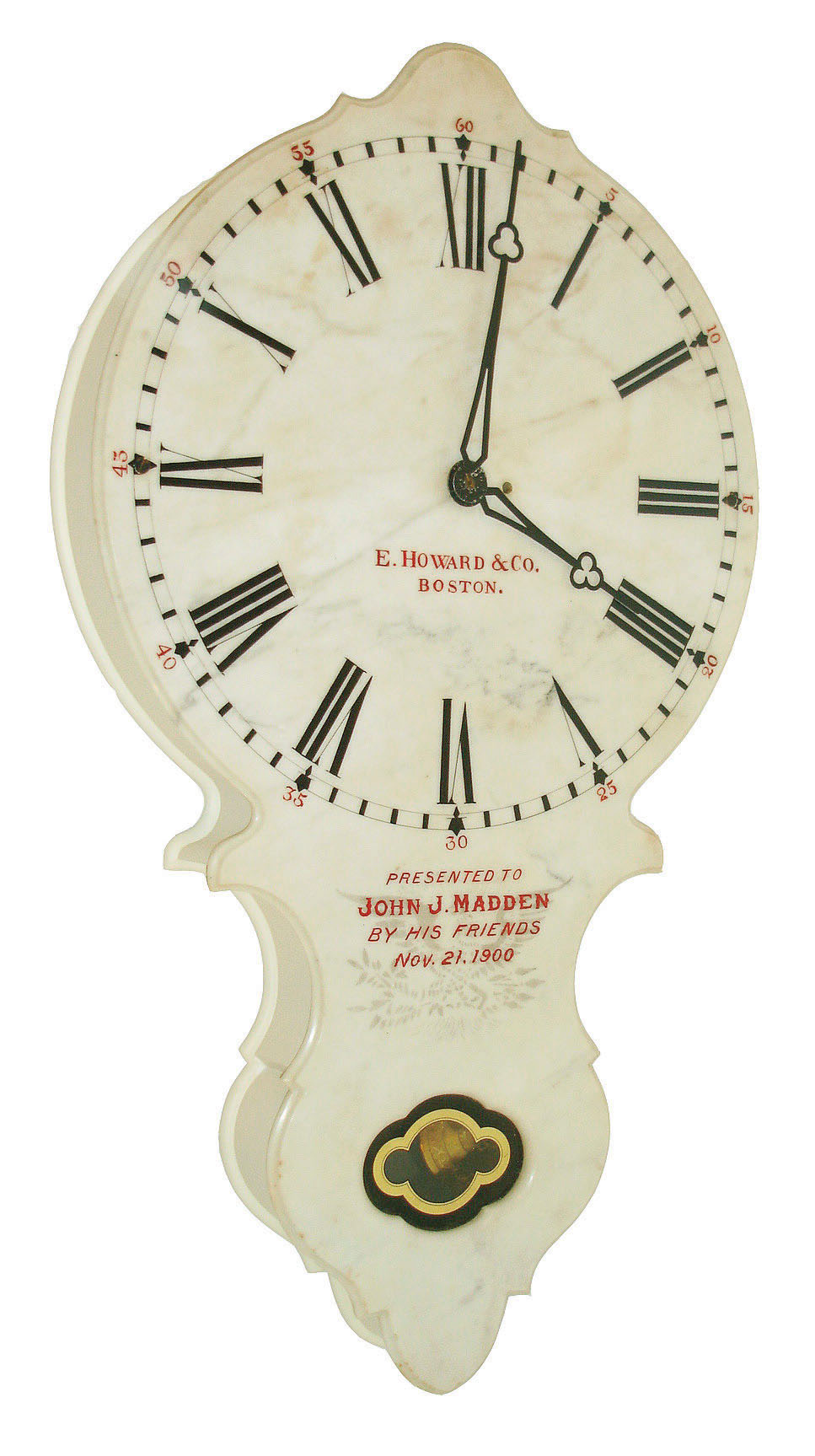E. Howard & Co., Boston, Mass., "No. 17 Marble Dial" wall clock, 8 days, time only, weight driven movement in a white painted wooden case with marble front presented to "JOHN J. MADDEN BY HIS FRIENDS NOV. 21, 1900", c1900 — Antique Clocks Price Guide