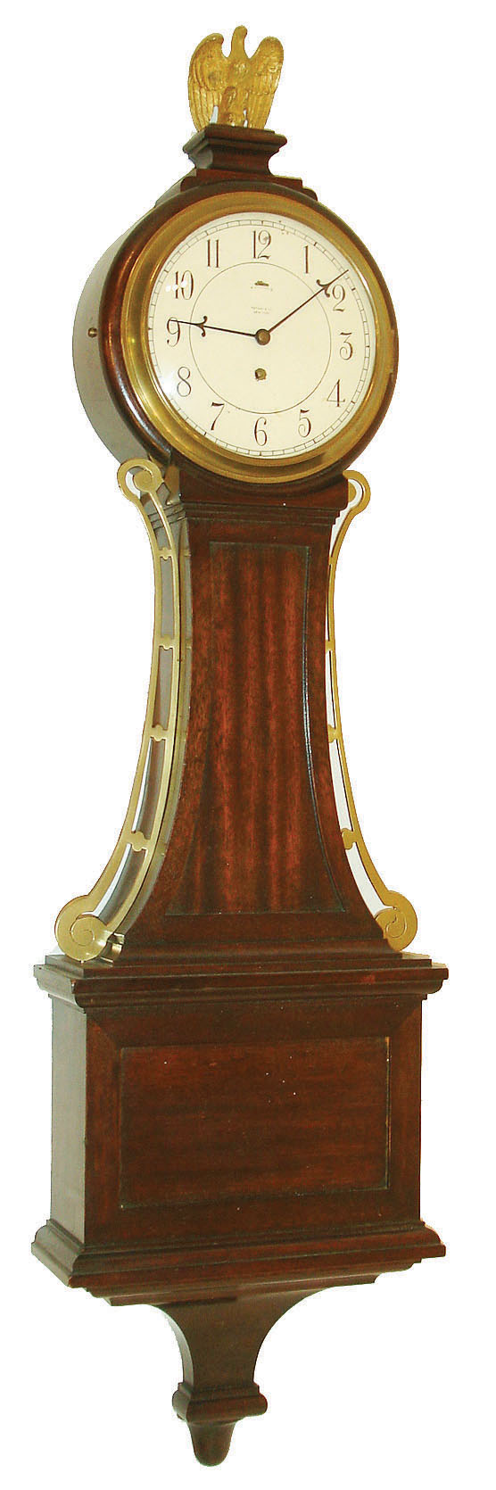 Chelsea Clock Co., Boston, Mass., banjo wall clock, 8 days, time only, spring driven movement with lever escapement in a mahogany front case with painted metal dial, c1920 — Antique Clocks Price Guide