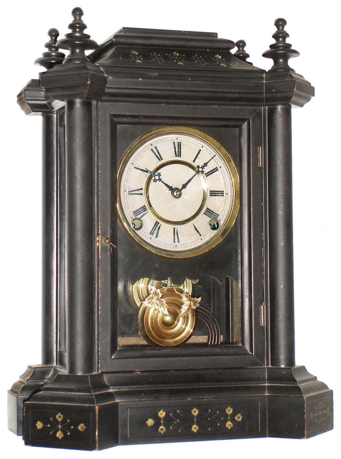 E. Ingraham Clock Company, Bristol, Conn., "Domino" 8 day time and strike enameled wood mantel clock, c1885 — Antique Clocks Price Guide