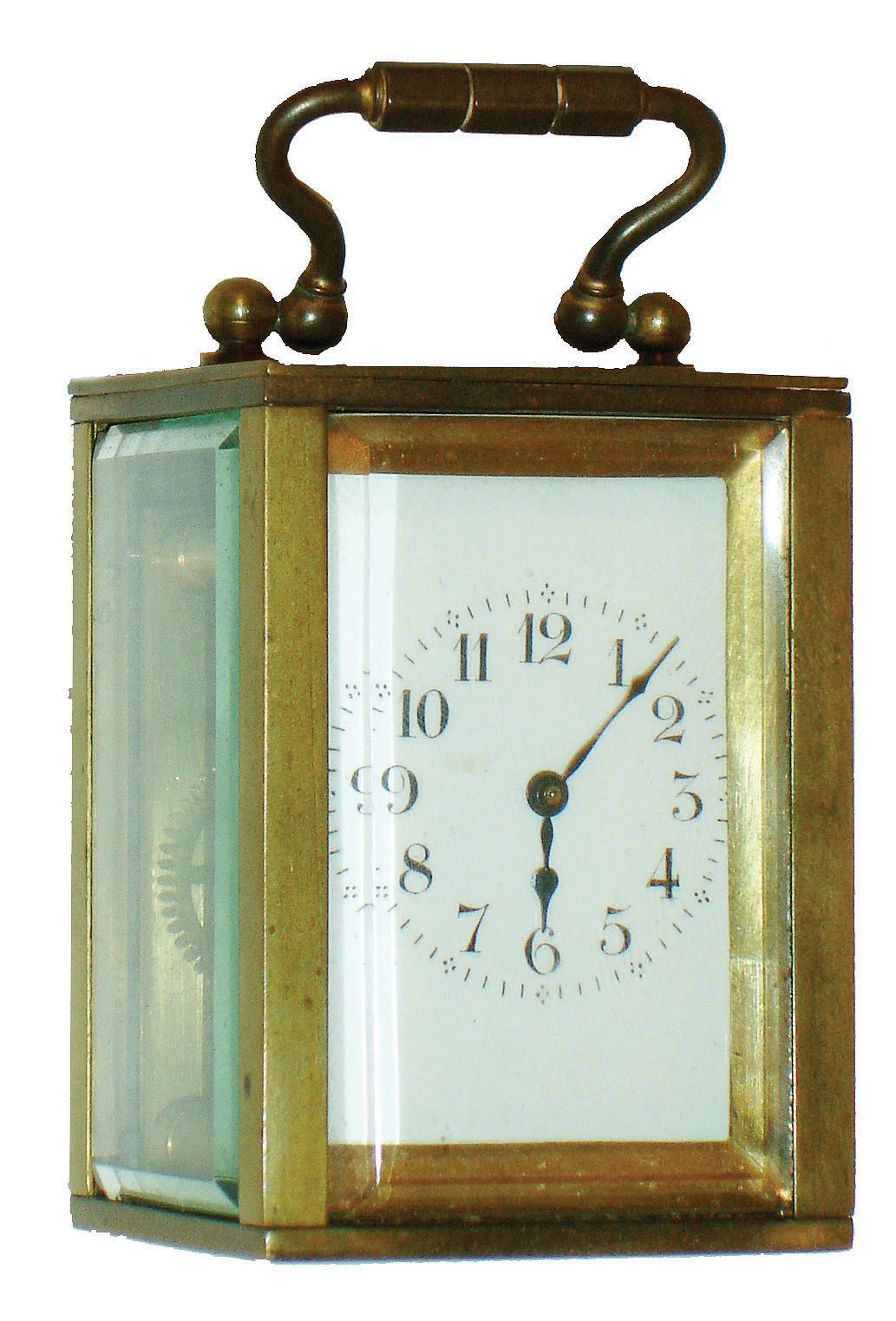 France, for Harris & Harrington, New York, miniature carriage clock with original travel case, rectangular brass case with carrying handle and beveled glass panels, unglazed back door, Arabic numeral, white enamel dial with blued steel spade and poker hands, 8 day time only movement with lever platform, travel case with patterned leather covering, removable blind panel, and interior glass panel, c1900 — Antique Clocks Price Guide