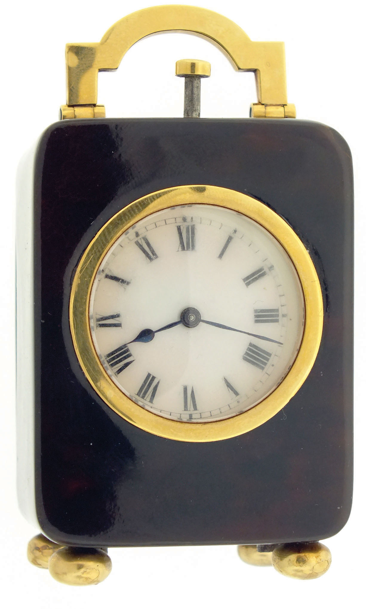Probably Asprey & Co., London, miniature minute repeating carriage clock, Swiss movement with lever platform and cut bimetallic balance, in tortoise shell case with 18 karat yellow gold hardware, white enamel dial with Roman numerals, blued steel hands, gold mounts marked "A. & Co. Ltd." and with London standard mark and date letter for 1910 — Antique Clocks Price Guide