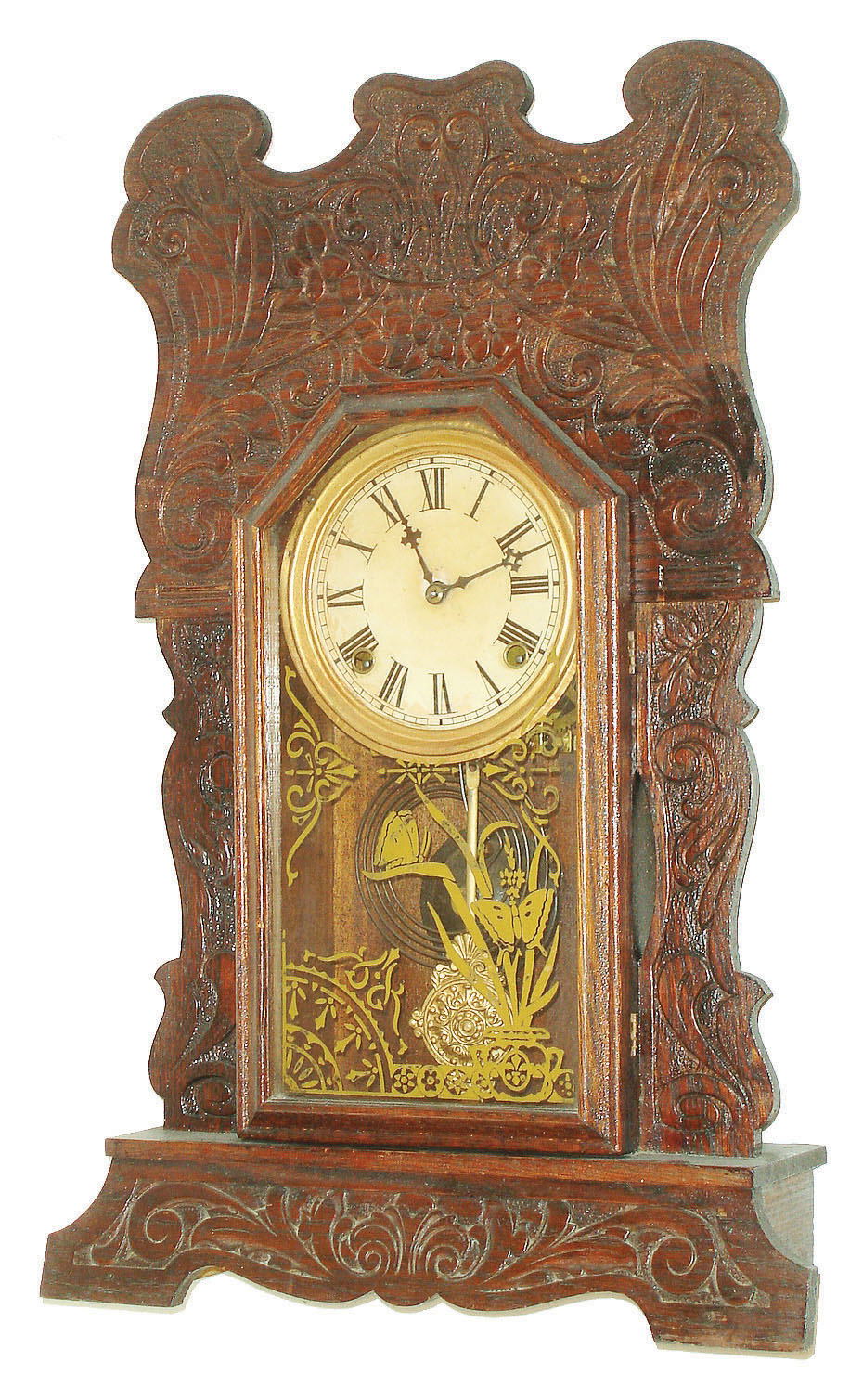 Waterbury Clock Co., Waterbury, Conn., 8 day, time and strike, spring brass movement press oak shelf clock, c1890. — Antique Clocks Price Guide