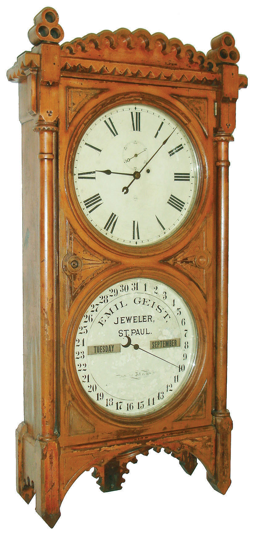 Seth Thomas Clock Co., Thomaston, Conn., "Office Calendar No. 5" wall clock, 8 days, time and perpetual calendar, weight driven movement in a mahogany case with painted metal dials, c1884 — Antique Clocks Price Guide