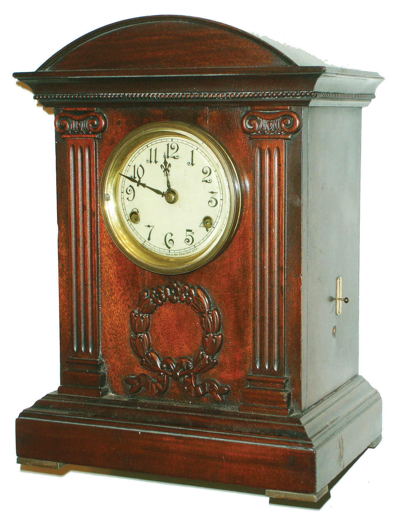 New Haven Clock Co., New Haven, Conn. "Chime No. 2" mahogany 8 day time and Westminster chime mantel clock, c1899 — Antique Clocks Price Guide