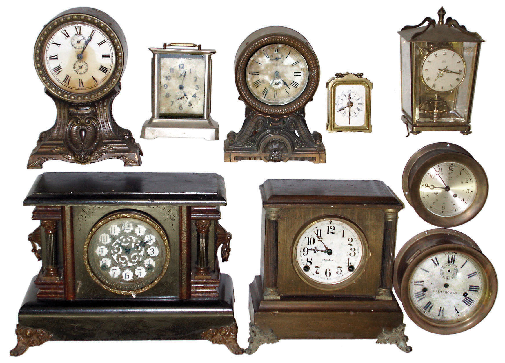 Clocks- 9 (Nine) mantel clocks: two Connecticut wood mantel; two Seth Thomas "Long Alarm", small 400-day, Salem and Seth Thomas marine, and two other small alarms, 20th century — Antique Clocks Price Guide