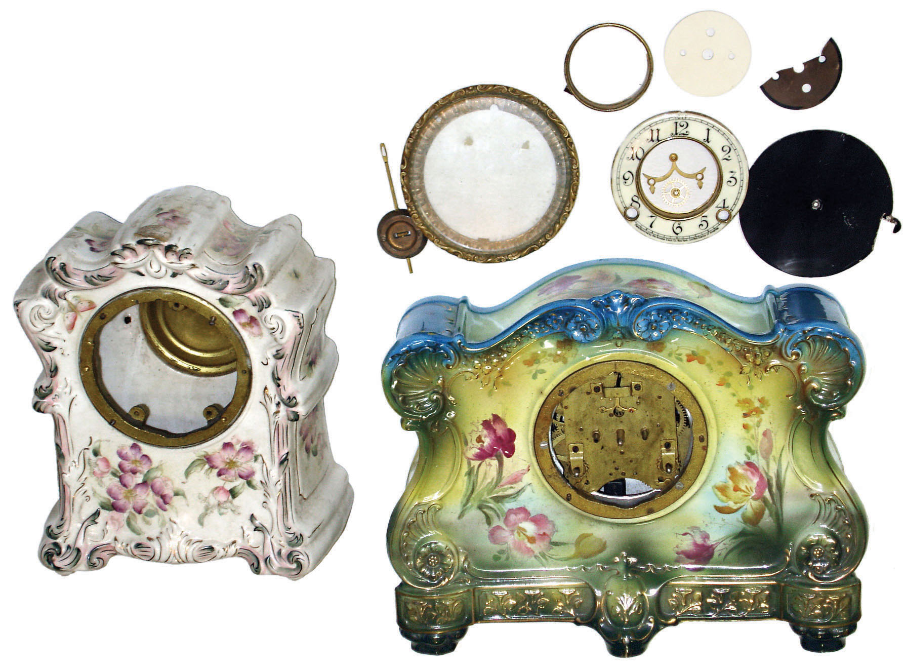 Clocks- 2 (Two) porcelain clock cases: Ansonia "La Vergne" with movement and dial parts; "Choctaw" case only, early 20th century — Antique Clocks Price Guide