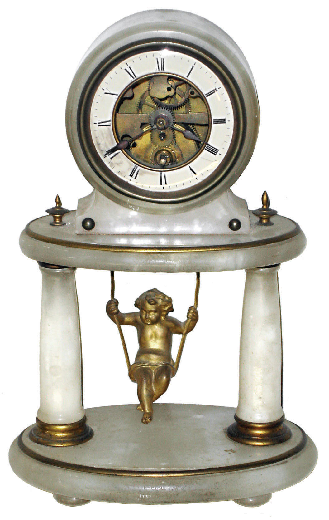 French swinging doll 8 day timepiece in a white alabaster case with brass trim, c1900 — Antique Clocks Price Guide