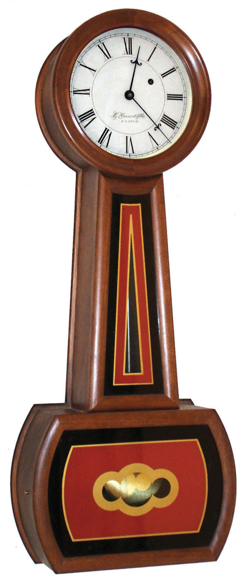 Banjo clock, modern custom-made walnut reproduction, by Huestis Purdy, Newbury, Mass., of Howard No. 5, 8 day weight driven movement stamped "Made by Howard, Waltham, Mass.", dated 1991 — Antique Clocks Price Guide