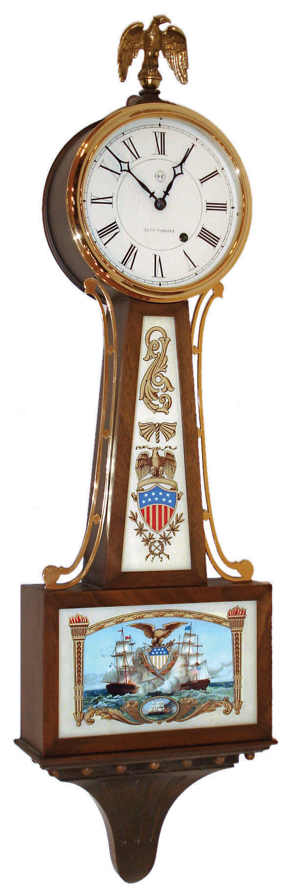 Banjo clock, modern custom-made walnut Seth Thomas reproduction, by Huestis Purdy, Newbury, Mass., with older 41AL  movement, c1882 — Antique Clocks Price Guide