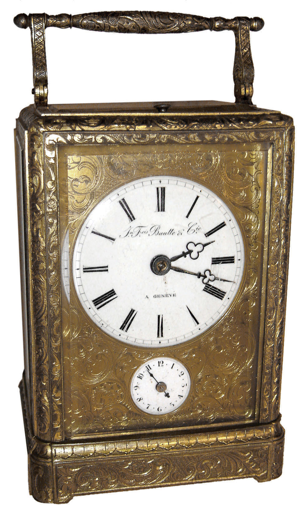 J.F. (Jean Francois) Bautte & Cie, Geneve, 8 day brass and beveled glass repeating petite sonnerie with alarm carriage clock in one-piece case, c1860 — Antique Clocks Price Guide
