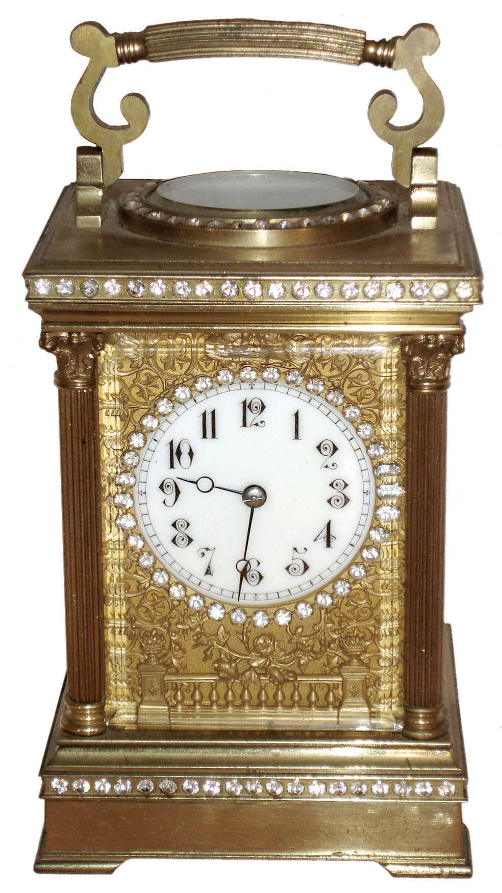 French lacquered brass, brilliants, and beveled glass "Anglaise riche" case 8 day time and strike carriage clock, c1890 — Antique Clocks Price Guide