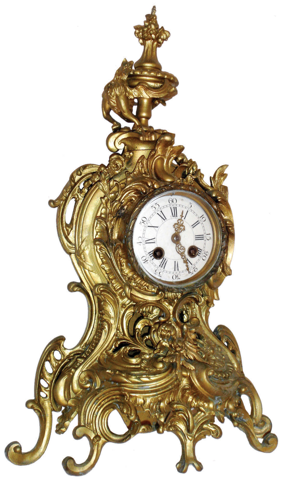 French ornate cast brass 8 day time and strike mantel clock, c1890 — Antique Clocks Price Guide