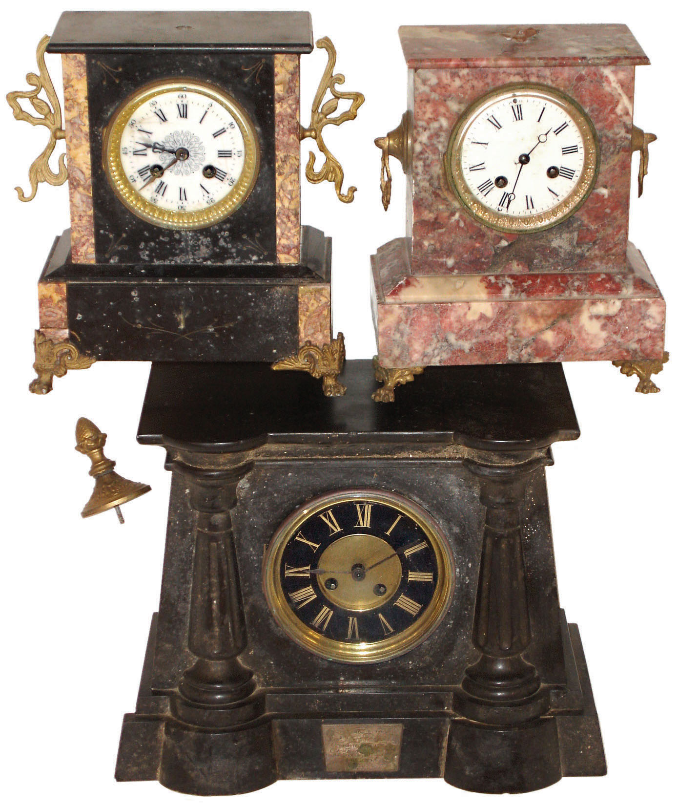 Clocks- 4 (Four) French marble 8 day time and strike mantel clocks, earliest dated 1868 on front presentation plate — Antique Clocks Price Guide