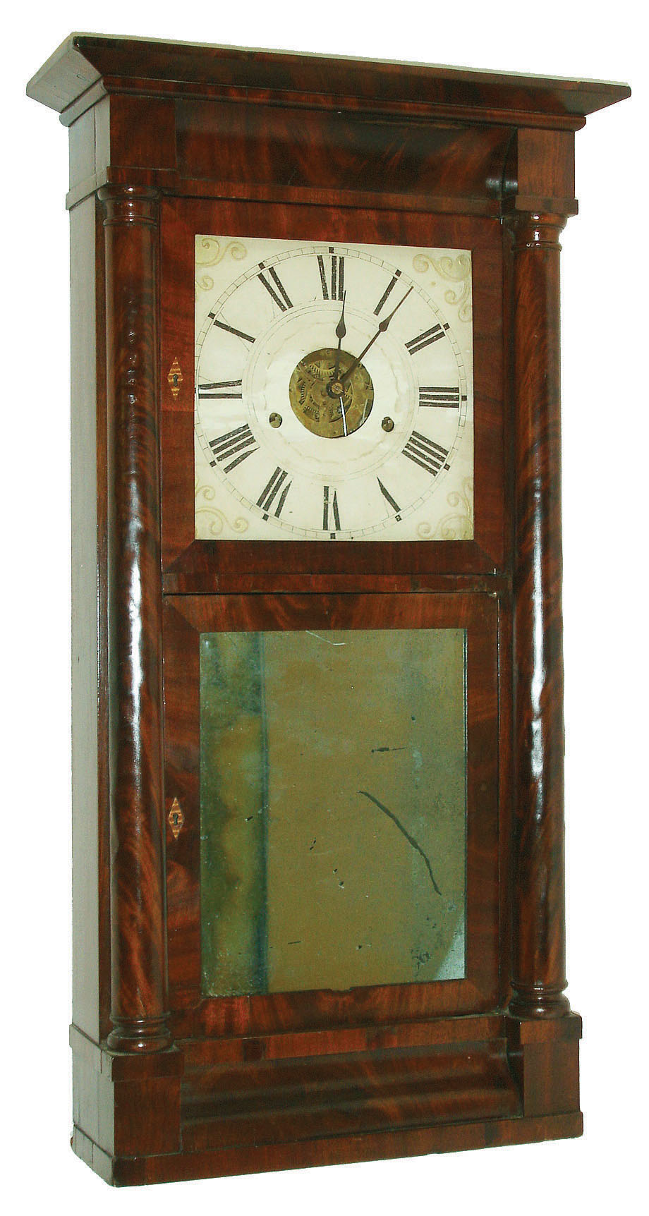 Silas B. Terry, Plymouth, Conn., 8 day time and strike weight mahogany column and cornice shelf clock, c1840 — Antique Clocks Price Guide