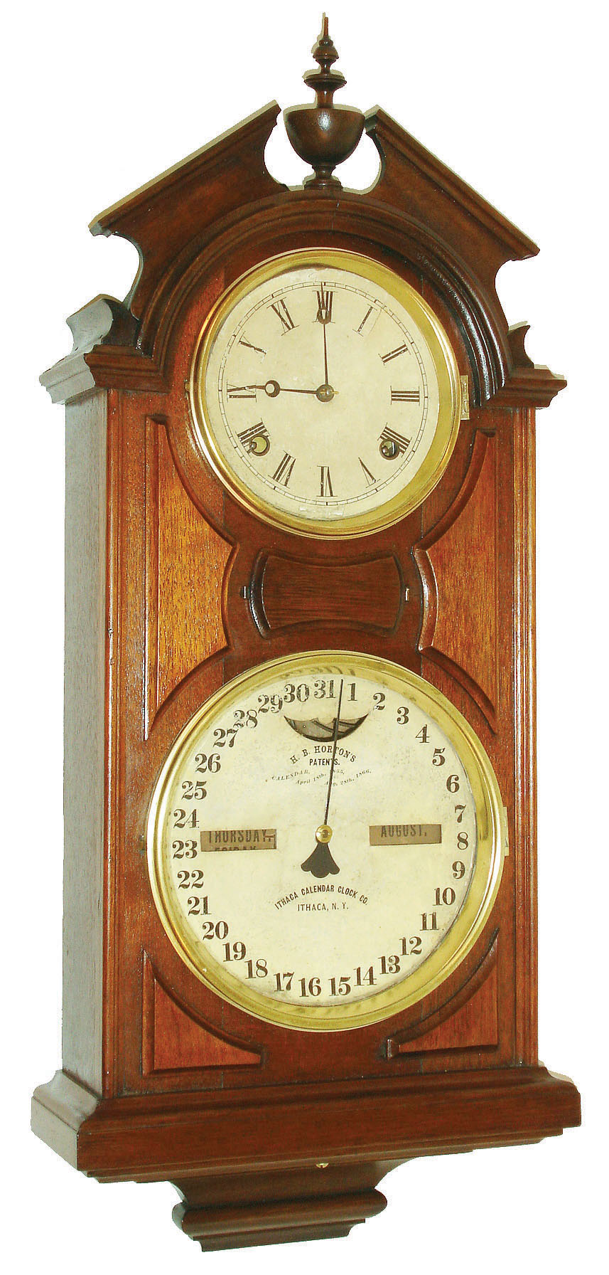 Ithaca Clock Co., Ithaca, NY, "No. 6 Hanging Library". 8 day, time and strike double dial calendar clock, c1875 — Antique Clocks Price Guide