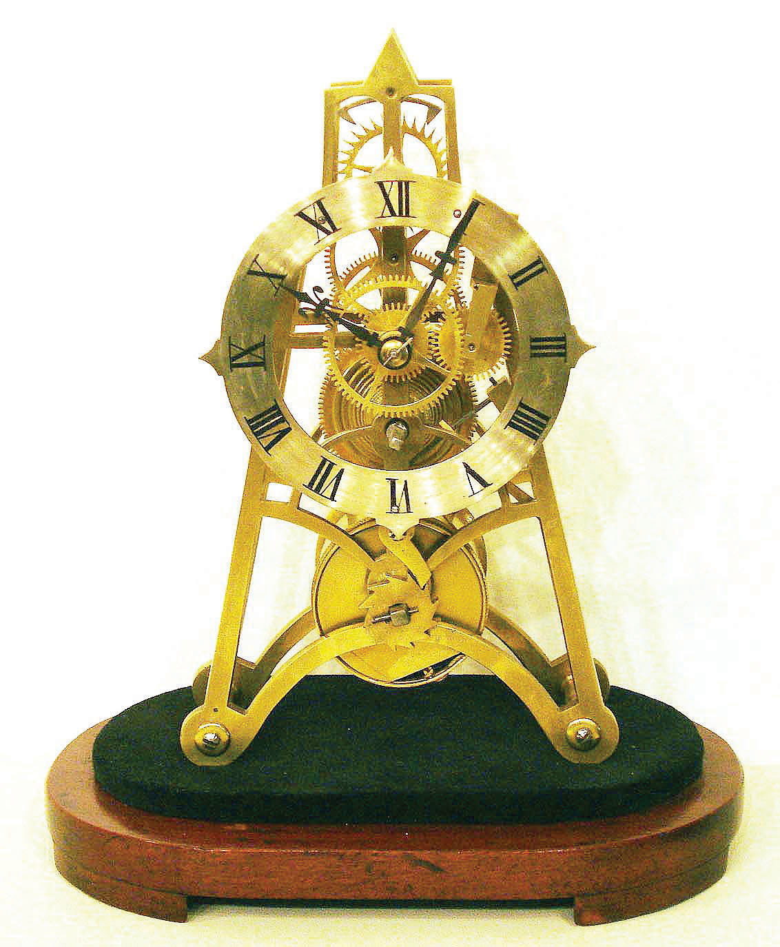 English, single fusee timepiece skeleton clock, in a rafter style frame, and with a simple silvered brass chapter ring, the movement with cable from spring barrel to fusee, no dome, c1850 — Antique Clocks Price Guide